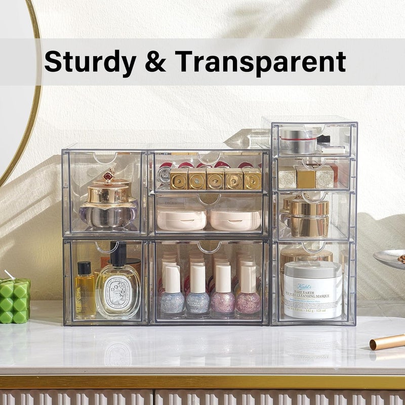 Prsildan Acrylic Drawer Makeup Organizer with 9 Drawers, Set of 3 Office Desk Organizers Accessories, Clear Stackable Storage Drawers for Vanity, Countertop, Craft, Jewelry, Art Supply Organization - Image 4